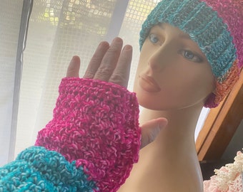 Toboggan Crocheted Hat and Fingerless Gloves Adult M to L machine washable acrylic & cotton blend teal green hot pink orange whimsical fun