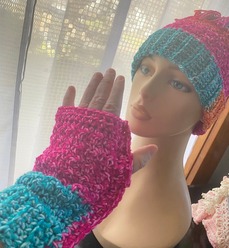 Toboggan Crocheted Hat and Fingerless Gloves Adult M to L machine washable acrylic & cotton blend teal green hot pink orange whimsical fun image 1