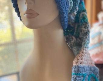 Fae Fairy Hat Adult M to L ScherStudio Handspun Yarn wool alpaca silk Angelina blues teals aquas pale pink cream whimsical fun holiday gift