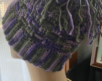 Toboggan Crocheted Hat  Adult M to L machine washable acrylic purple green lavender basketweave stitch whimsical fun