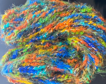 Yarn Handspun 5 bulky, Van Gogh Colors, poly ribbon, silk thread, modea nylon fuzzy feather yarn, 90 yds. Knitter's gift, 2 ply, Fun Yarn