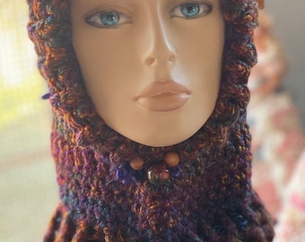 Fae Fairy Hat/Hood Child’s L  Acrylic Yarn with wood and Ceramic  purple rust gold green deep blue whimsical fun