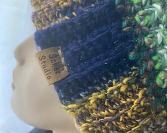 Slouchy Hat Stocking Cap Adult M to L ScherStudio Handspun Yarn wool alpaca silk faux fur Pom yellow green blue brown whimsical fun