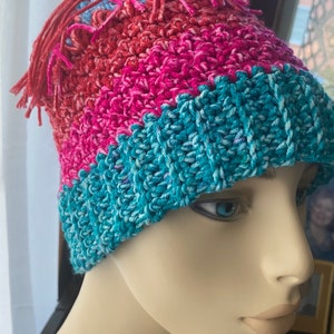 Toboggan Crocheted Hat and Fingerless Gloves Adult M to L machine washable acrylic & cotton blend teal green hot pink orange whimsical fun image 4