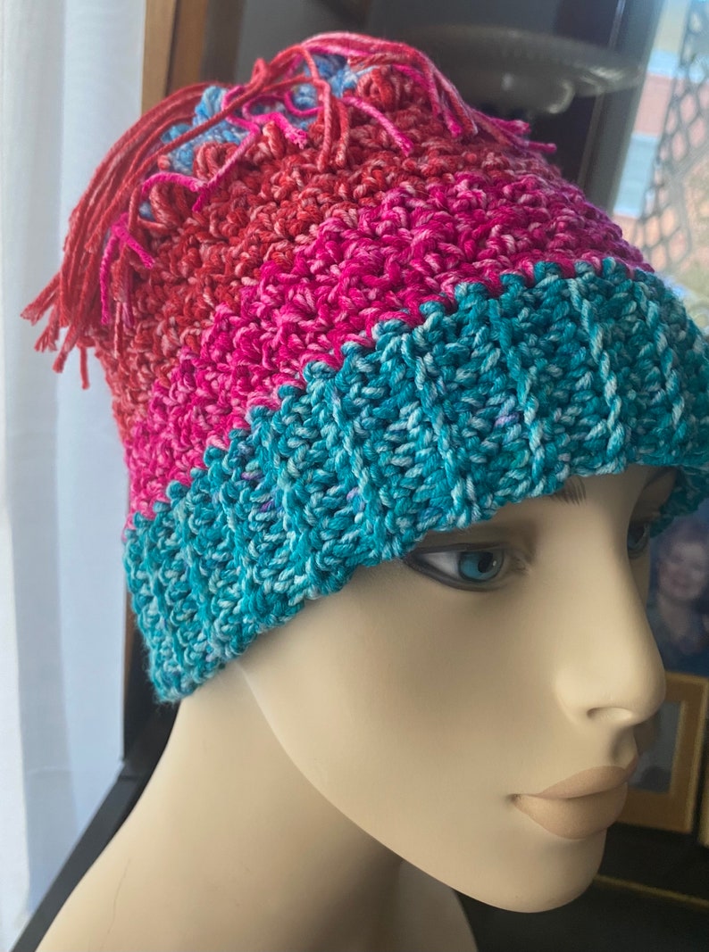 Toboggan Crocheted Hat and Fingerless Gloves Adult M to L machine washable acrylic & cotton blend teal green hot pink orange whimsical fun image 4