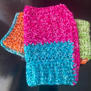 Toboggan Crocheted Hat and Fingerless Gloves Adult M to L machine washable acrylic & cotton blend teal green hot pink orange whimsical fun image 9