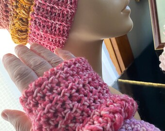 Toboggan Crocheted Hat and Fingerless Gloves Adult M to L machine washable acrylic & cotton blend green pink orange whimsical fun