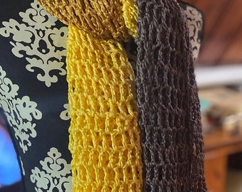 Shawl Scarf, Fishnet Crochet, Triple Crochet net, open, airy, fashion color blocks, yellow, gold, charcoal, all seasons, non wool