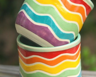 Taza de cerámica Rainbow Wave: Vaso de cerámica de gres hecho a mano, 355 ml