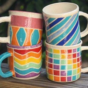 Handmade Stoneware Coffee Mug: Bright Geometric Design, 16 oz