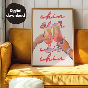 Chin Chin Cheers cocktailprint, trendy muurkunst, muurkunstontwerp, moderne kunst wanddecor, dopamine decor, barwagen decor