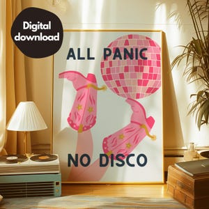 Impresión retro de bola de discoteca All Panic No Disco, arte de pared de moda, póster tipográfico, decoración de dopamina, decoración de pared de arte moderno
