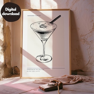 Impresión de cóctel Espresso Martini, póster de cóctel, arte mural de cóctel, decoración de pared de carrito de bar, decoración en blanco y negro, impresión digital