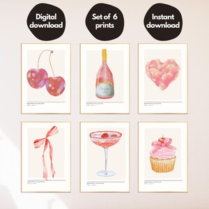 Gallery Wall Set of 6 pink prints, Preppy Wall Art, Aesthetic Room Decor, Retro Wall Art, Digital Download