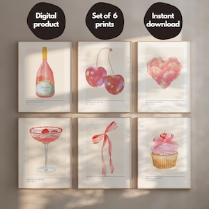 Gallery Wall Set of 6 pink prints, Preppy Wall Art, Aesthetic Room Decor, Retro Wall Art, Digital Download