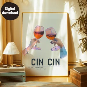 乾杯のプリント Cin Cin、バーカートの壁飾り、乾杯のサイン、乾杯のプリント可能な壁アート、バーカートのアクセサリー、バーカートのアート、デジタルダウンロード