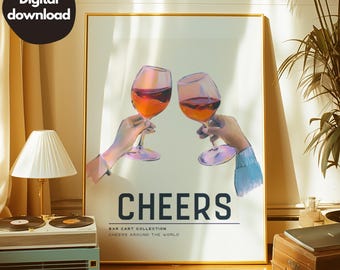 Può includere: Una stampa d'arte digitale con due bicchieri di vino rosso che brindano. La stampa ha uno sfondo blu chiaro con la parola "CHEERS" in grassetto nero. Sotto la parola "CHEERS" c'è il testo "BAR CART COLLECTION CHEERS AROUND THE WORLD".