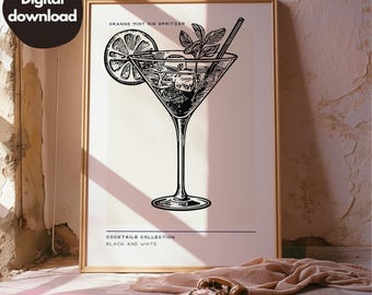 Puede incluir: Ilustración en blanco y negro de una bebida de cóctel llamada "Orange Mint Gin Spritzer" en una copa de martini con una rodaja de limón y una ramita de menta. El texto "Cocktails Collection Black and White" está debajo de la ilustración.