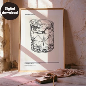 Impresión de cóctel de whisky sour, póster de cóctel, arte mural de cóctel, decoración de pared de carrito de bar, decoración en blanco y negro, descarga digital
