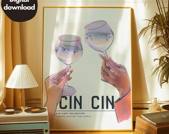 Cheers print white wine Cin Cin, bar cart wall decor, cheers sign, cheers printable wall art, bar cart art, digital download