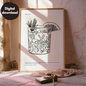 Impresión de cóctel Belmont, póster de cóctel, arte mural de cóctel, decoración de pared de carrito de bar, decoración en blanco y negro, descarga digital