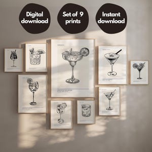 Schwarzweiß-Cocktail-Galeriewandset mit 9 Drucken, Cocktailplakat, Barwagen-Wanddekor, Schwarzweiß-Dekor, digitaler Download