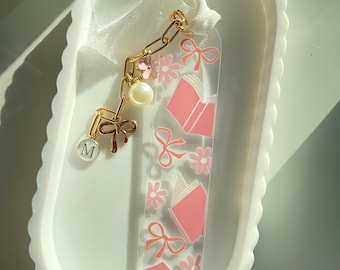 Gift for Book Readers– Acrylic Bow Bookmark – Pink Books, Bows & Flowers – Unique Gifts for Book Lovers - Personalized with Charms