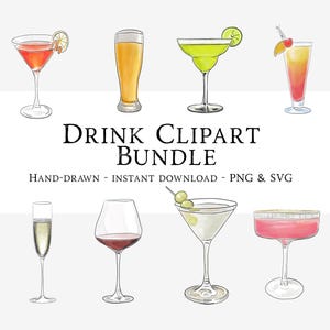 Handgetekende cocktails & drankje clipartbundel - PNG en SVG digitale download - digitale aquarelkunst - cocktailmenu-illustraties