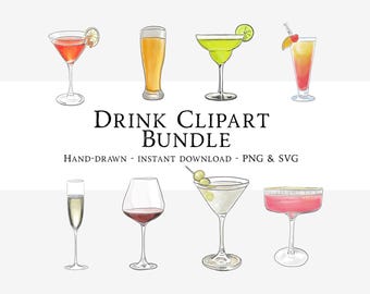Paquete de imágenes prediseñadas de cócteles dibujados a mano: arte digital PNG y SVG (descarga digital)