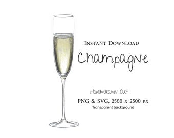 Ilustración de copa de champán dibujada a mano / PNG, SVG (Descarga digital)