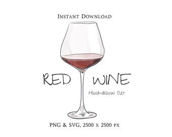 Vino tinto dibujado a mano (imágenes prediseñadas, PNG y SVG) (descarga digital)
