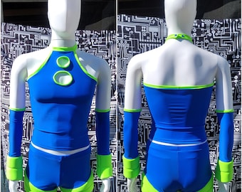 LS7 Cobalt/Neon Green Portal Tops, Bubble Shorts + Arm Warmers. Size S - L