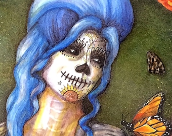 Blue Felina 8x10 print, Day of the Dead, Dia de los Muertos, catrina art