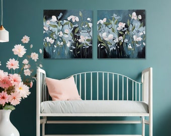 Modern Floral Art, Moody Florals, Nursery Paintings, Modern Nursery, Girls Wall Art, Flower Paintings, Floral Art, Abstract Flowers, Diptych