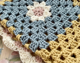 Crochet Baby Blanket, Baby Girl, Nursery, Floral Granny Square Blanket, Handmade Blanket, Baby Shower Gift, Girls Nursery, Yellow Pink Blue