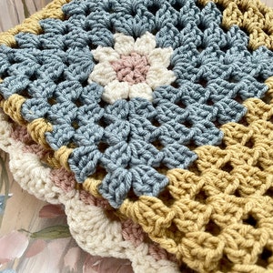 Crochet Baby Blanket, Baby Girl, Nursery, Floral Granny Square Blanket, Handmade Blanket, Baby Shower Gift, Girls Nursery, Yellow Pink Blue image 1