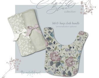 Personalized Baby Girl Bib, Floral Print Bib Burp Cloth Set, Watercolor Floral Baby, Baby Shower Gift, Custom Bib Set, Floral Nursery Prints