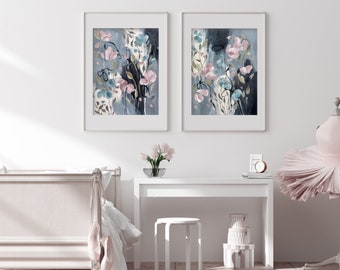 Modern Floral Art, Nursery Painting Set, Diptych, Flower Paintings, Girls Bedroom, Floral Art, Abstract Florals, Art on Paper, Nursery Art