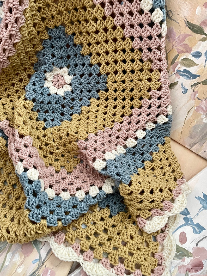 Crochet Baby Blanket, Baby Girl, Nursery, Floral Granny Square Blanket, Handmade Blanket, Baby Shower Gift, Girls Nursery, Yellow Pink Blue image 3