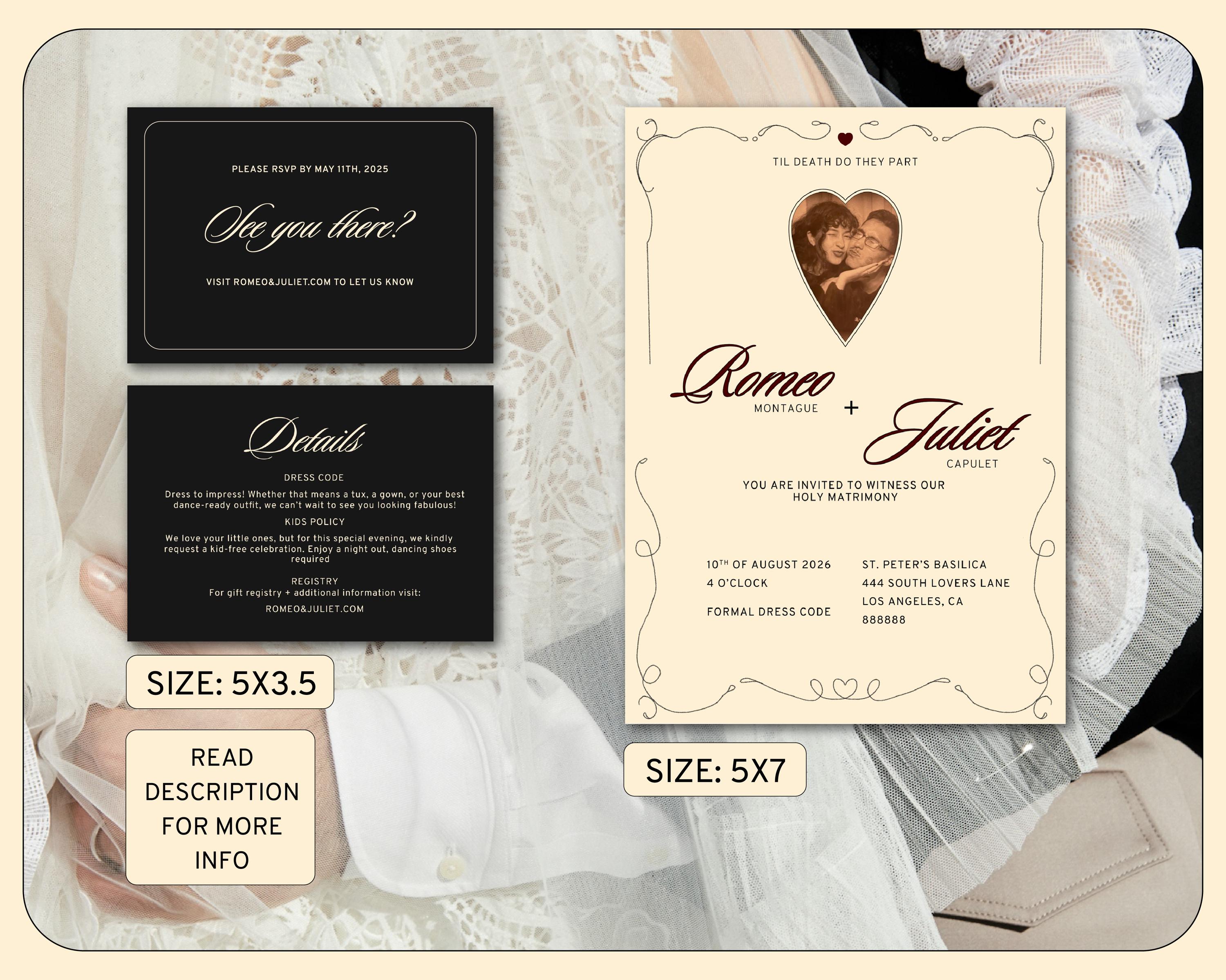 Romantic Wedding Invitation Template Vintage Heart Design (canva
