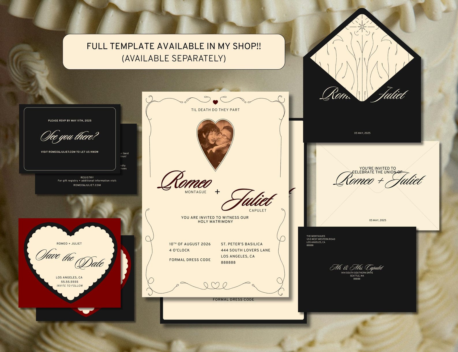 Romantic Wedding Invitation Template Vintage Heart Design (canva
