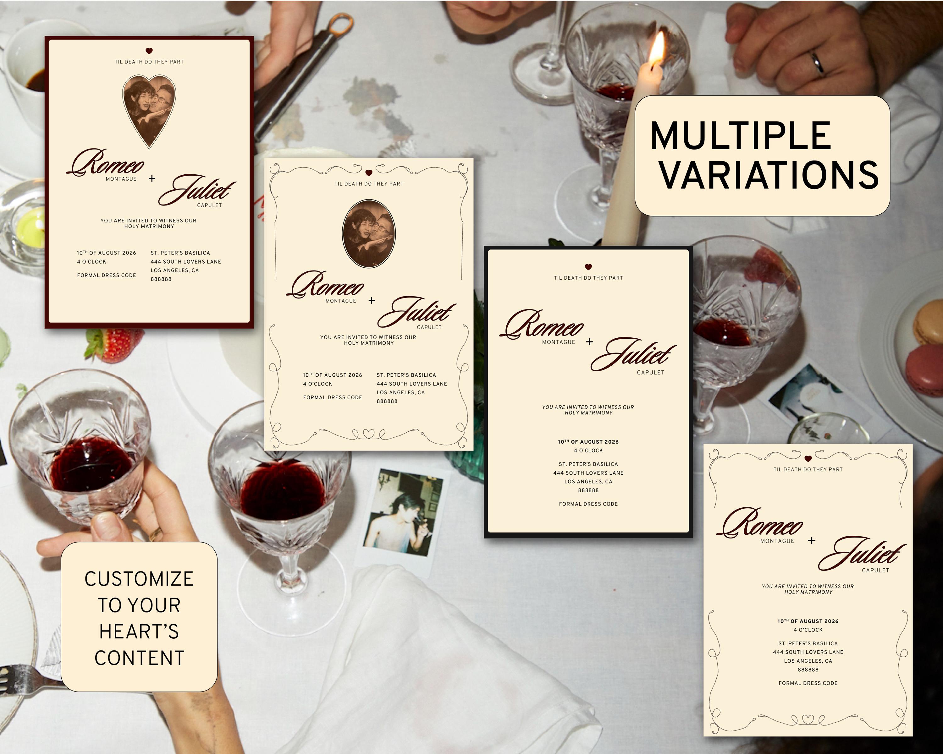 Romantic Wedding Invitation Template Vintage Heart Design (canva