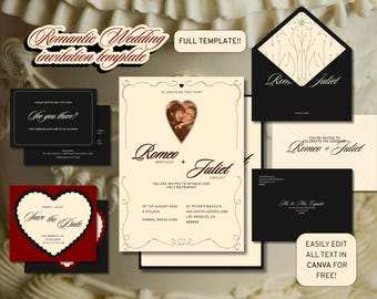 Romantische huwelijksuitnodigingssuite | Klassieke hartuitnodigingssjabloon | Canvassjabloon