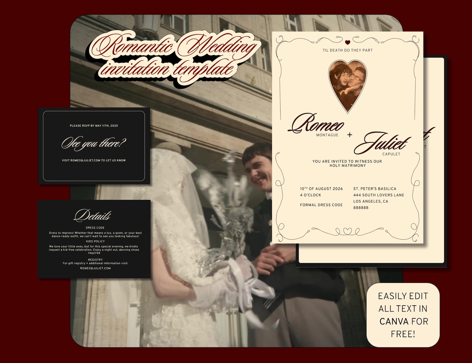 Romantic Wedding Invitation Template Vintage Heart Design (canva