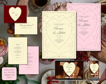 Handgetekende bruiloftsuitnodigingssjabloon inclusief website | Limited Edition romantisch hartontwerp