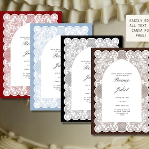 May include: Four invitation cards in red, blue, black, and brown, each featuring a white lace border and an arched design. The text "Romeo & Juliet" is visible. The cards are designed to be edited in Canva.
