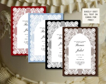 Sjabloon huwelijksuitnodiging kant voor kerkbruiloften, direct downloaden, dubbelzijdige uitnodiging
