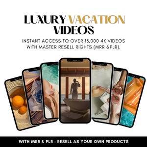 K&ouml;nnte beinhalten: Werbung mit sechs Smartphones, die Luxus-Urlaubsszenen zeigen. Der Text lautet "LUXURY VACATION VIDEOS" und "INSTANT ACCESS TO OVER 13,000 4K VIDEOS WITH MASTER RESELL RIGHTS (MRR & PLR)." Der Text unten lautet "WITH MRR & PLR - RESELL AS YOUR OWN PRODUCTS."