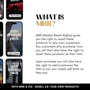 K&ouml;nnte beinhalten: Bild mit sechs Smartphone-Grafiken, die verschiedene Lifestyle-Pakete wie "dark esthetics pack" und "rich lifestyle pack" zeigen. Der Text "WHAT IS MRR?" ist zu sehen, zusammen mit einer Beschreibung der Master Resell Rights. Der Text unten lautet "WITH MRR & PLR - RESELL AS YOUR OWN PRODUCTS."