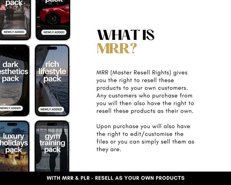 K&ouml;nnte beinhalten: Bild mit sechs Smartphone-Grafiken, die verschiedene Lifestyle-Pakete wie "dark esthetics pack" und "rich lifestyle pack" zeigen. Der Text "WHAT IS MRR?" ist zu sehen, zusammen mit einer Beschreibung der Master Resell Rights. Der Text unten lautet "WITH MRR & PLR - RESELL AS YOUR OWN PRODUCTS."